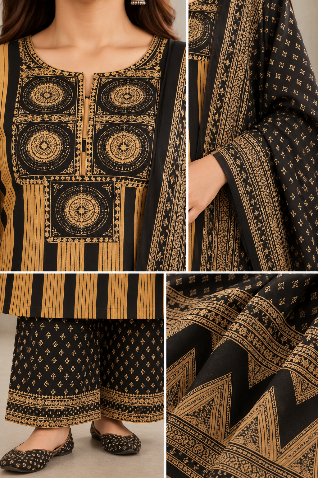 Black & Mustard Printed Kurta Set with Dupatta & Pants