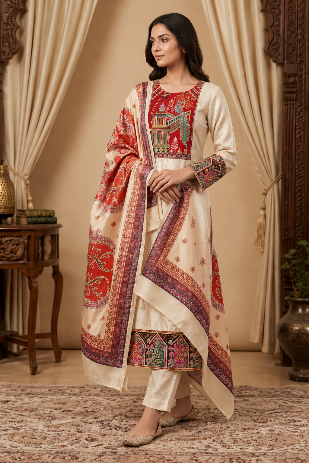 Ivory Printed Kurta Set with Red & Multicolour Embroidered Detailing