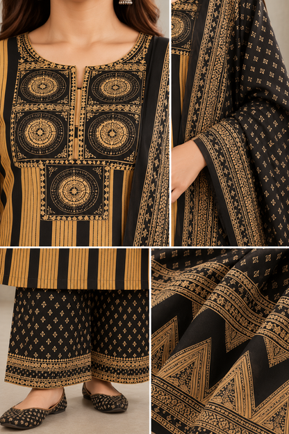 Black & Mustard Printed Kurta Set with Dupatta & Pants