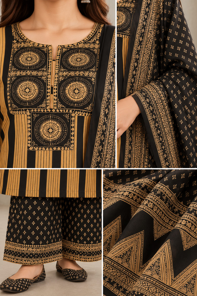 Black & Mustard Printed Kurta Set with Dupatta & Pants