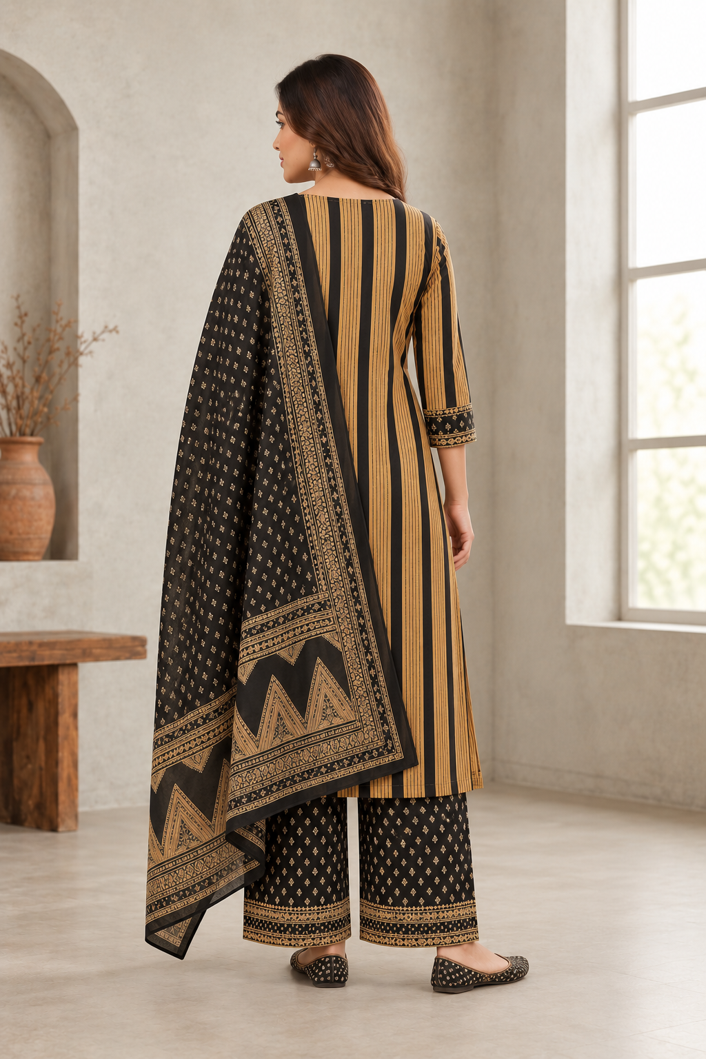 Black & Mustard Printed Kurta Set with Dupatta & Pants