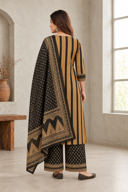 Black & Mustard Printed Kurta Set with Dupatta & Pants