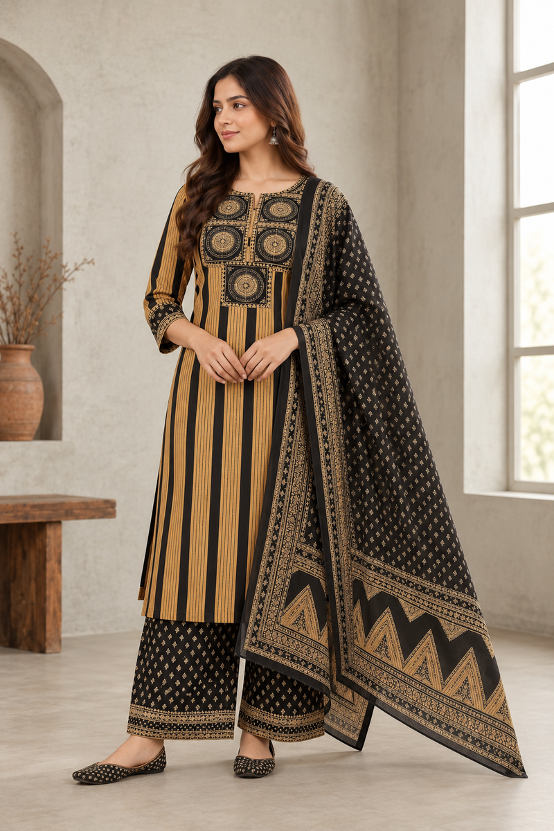 Black & Mustard Printed Kurta Set with Dupatta & Pants