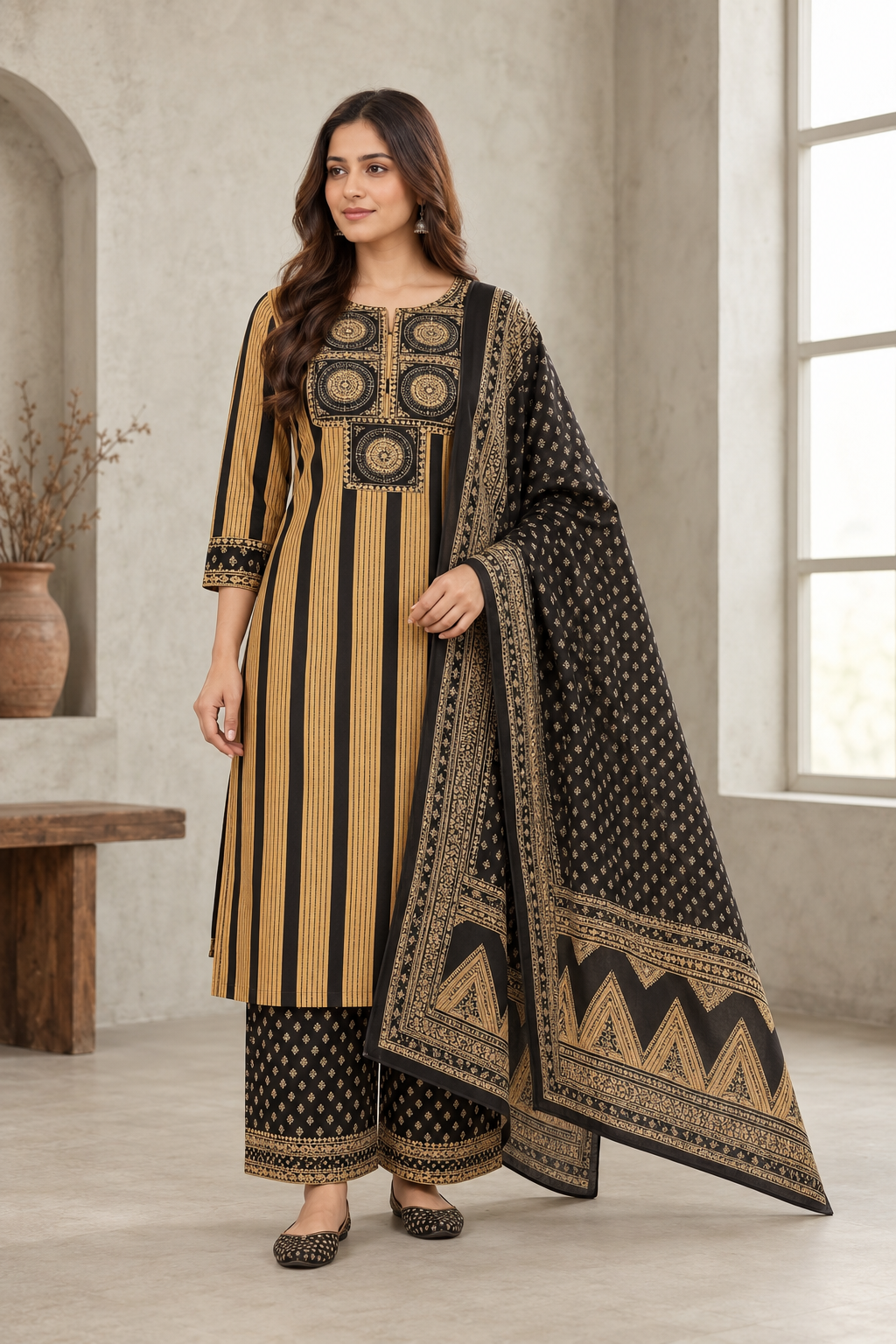 Black & Mustard Printed Kurta Set with Dupatta & Pants