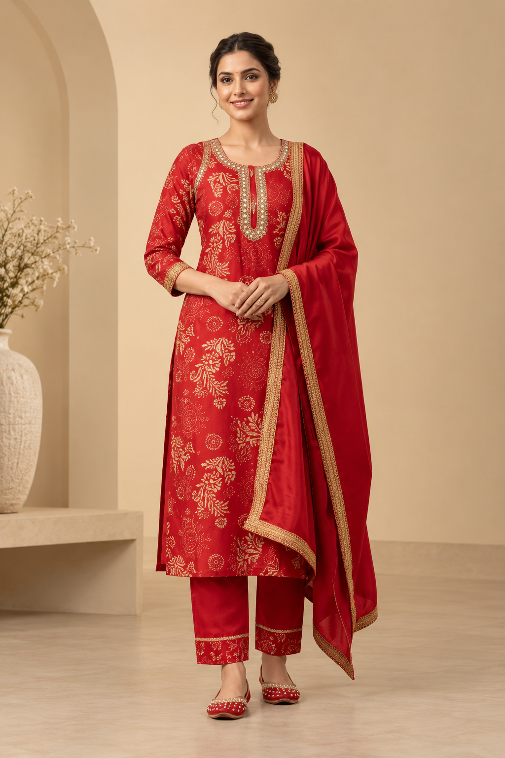 Red Printed Kurta Set with Embroidered Neckline & Dupatta