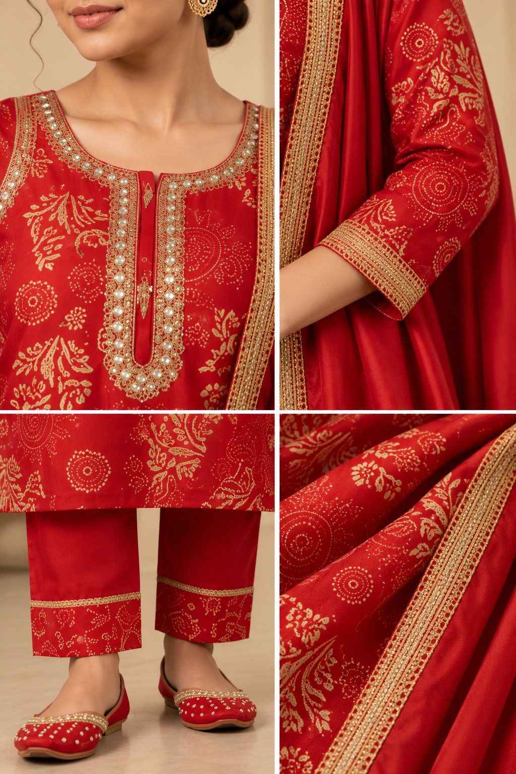 Red Printed Kurta Set with Embroidered Neckline & Dupatta