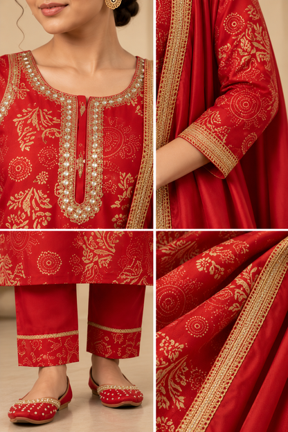 Red Printed Kurta Set with Embroidered Neckline & Dupatta