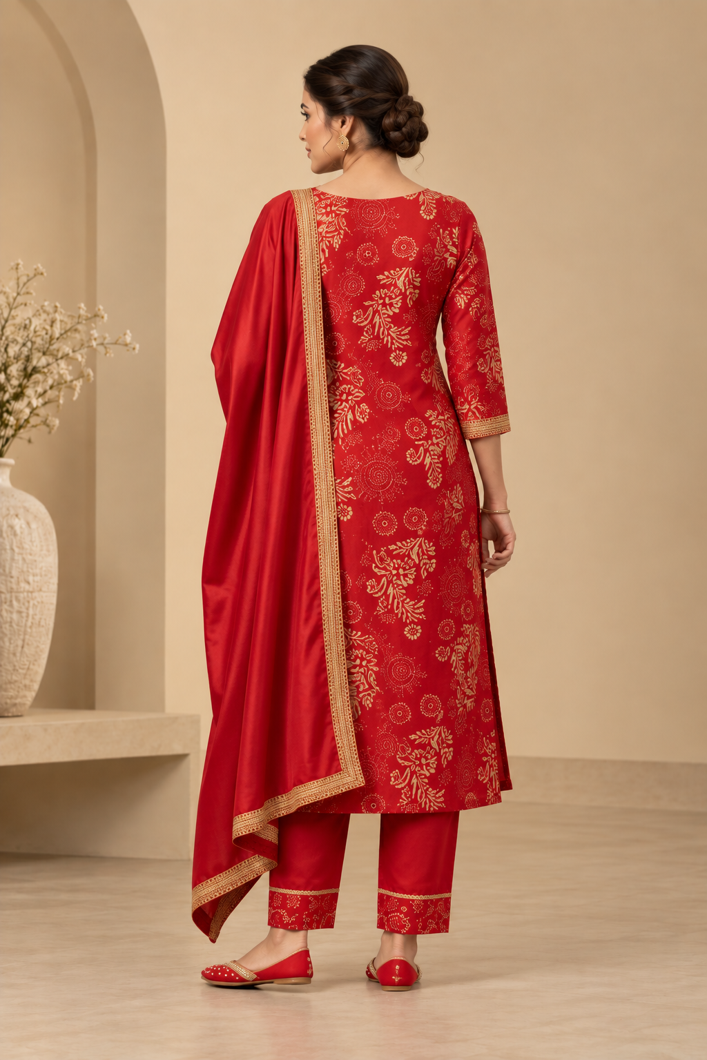 Red Printed Kurta Set with Embroidered Neckline & Dupatta