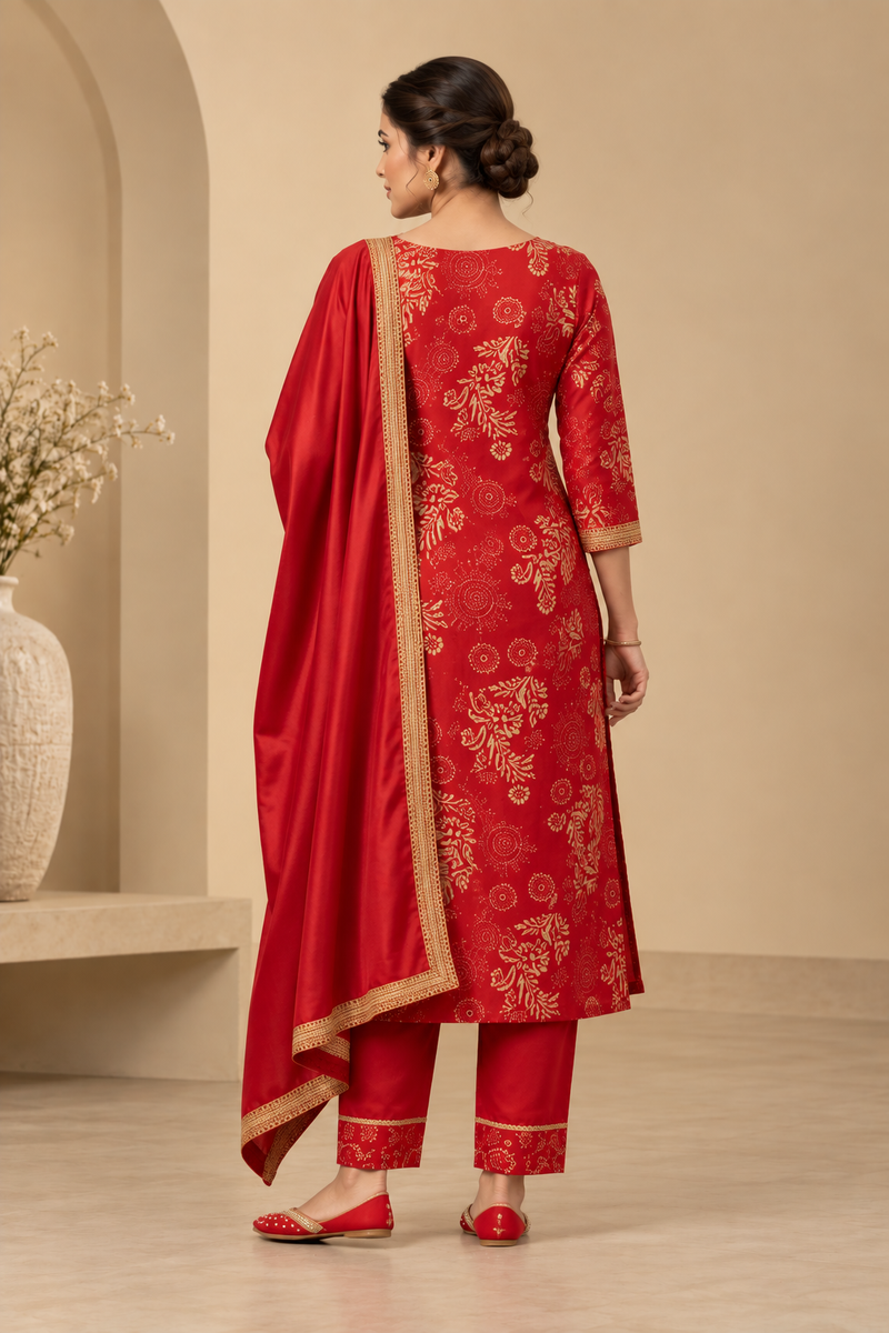 Red Printed Kurta Set with Embroidered Neckline & Dupatta