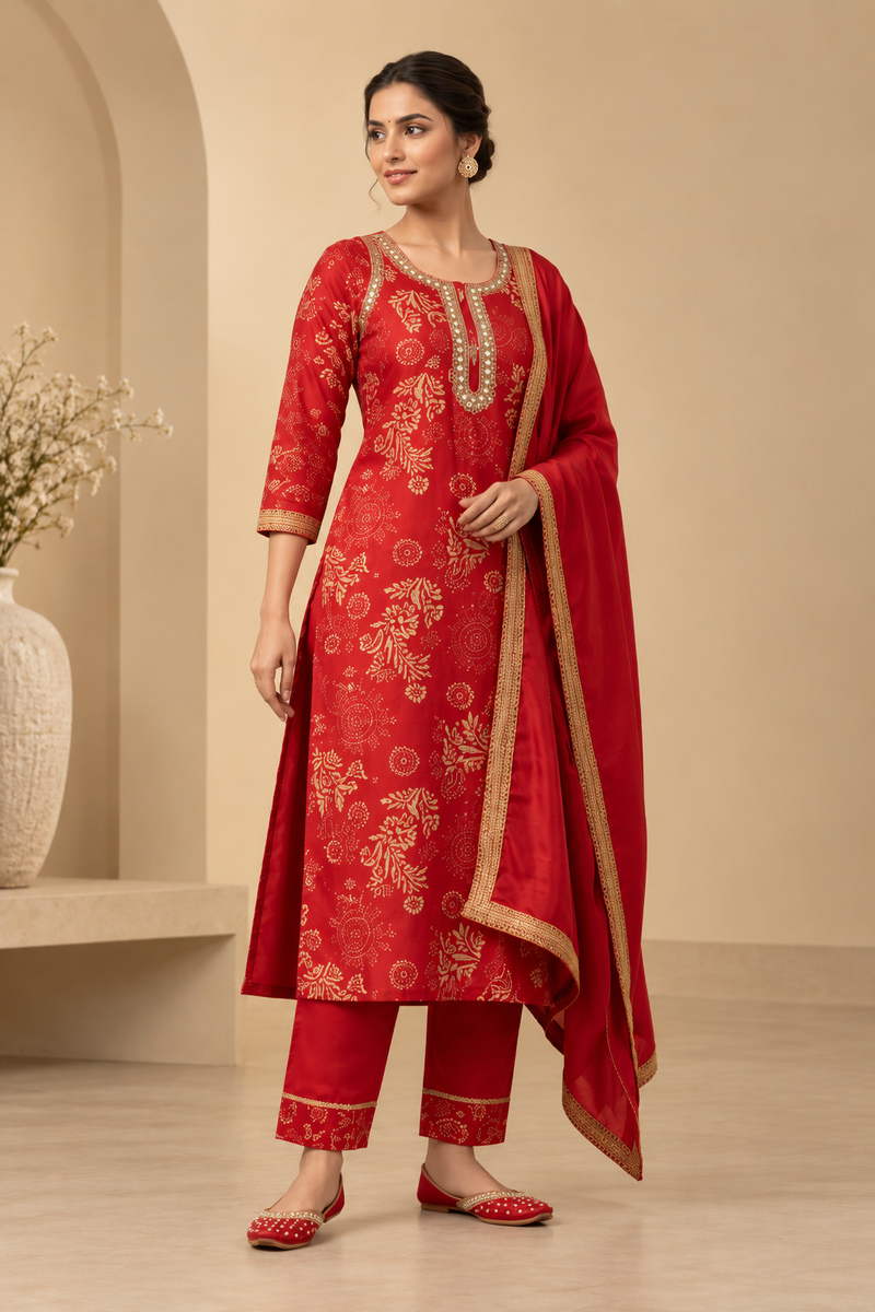 Red Printed Kurta Set with Embroidered Neckline & Dupatta