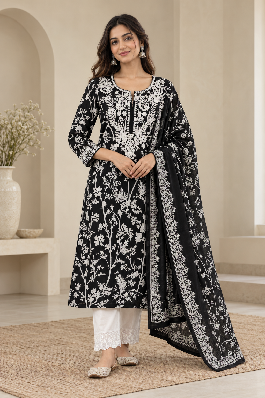 Black Floral Printed Kurta Set with White Embroidery & Dupatta