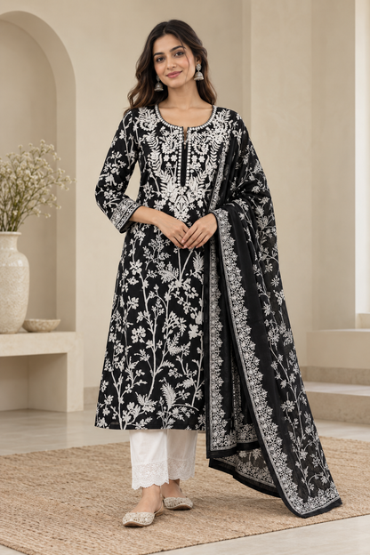 Black Floral Printed Kurta Set with White Embroidery & Dupatta