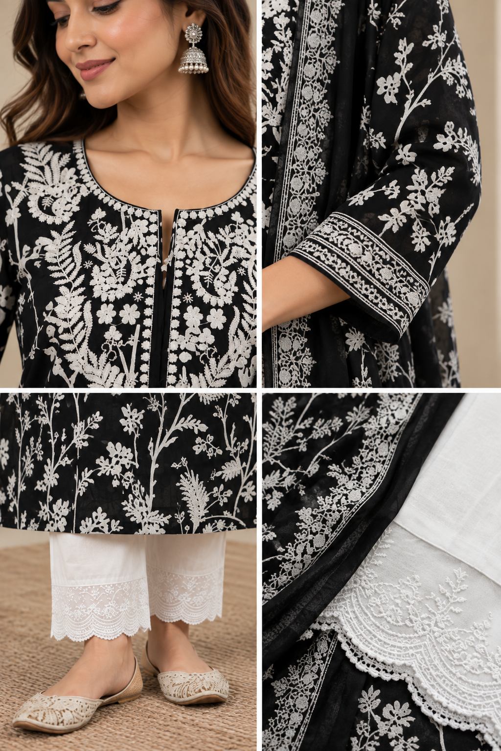 Black Floral Printed Kurta Set with White Embroidery & Dupatta