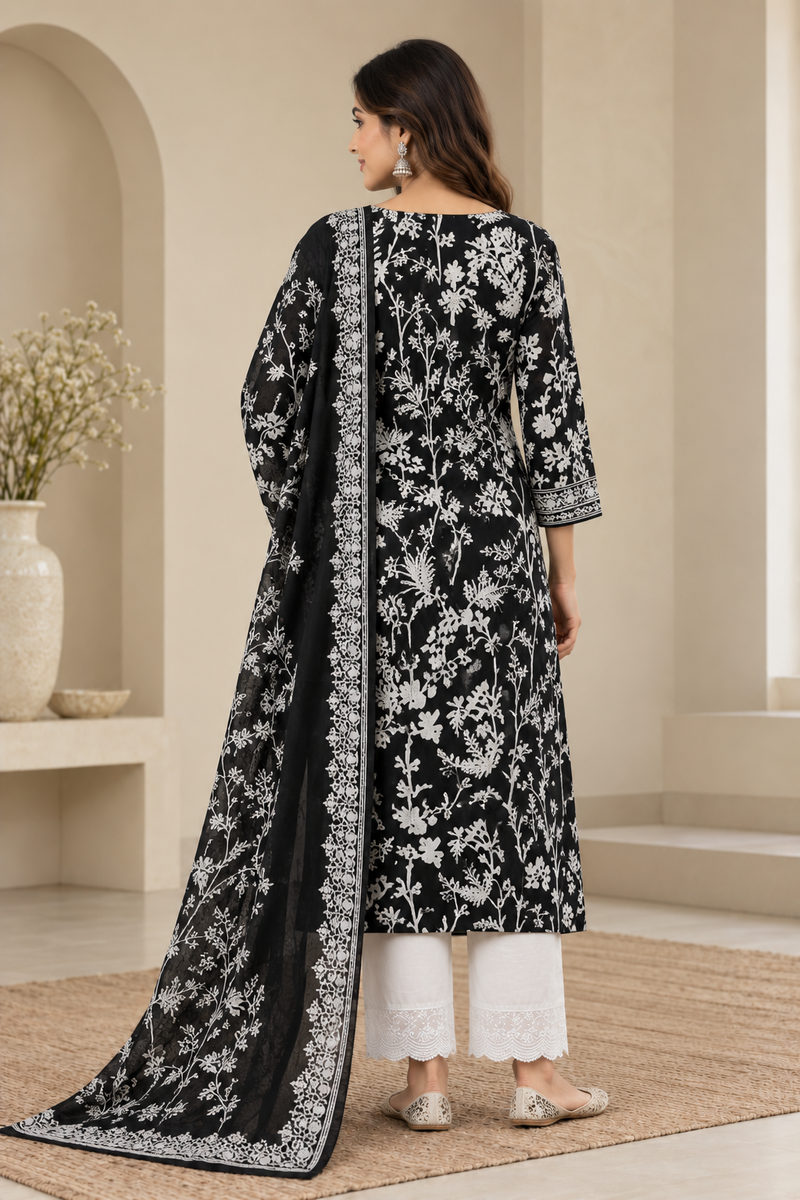 Black Floral Printed Kurta Set with White Embroidery & Dupatta