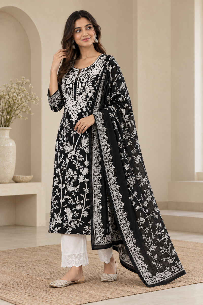 Black Floral Printed Kurta Set with White Embroidery & Dupatta