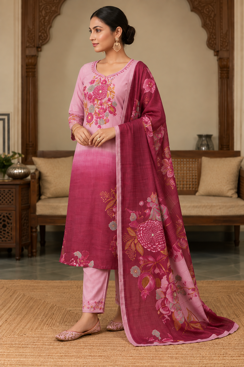 Pink Floral Printed Kurta Set with Matching Printed Dupatta