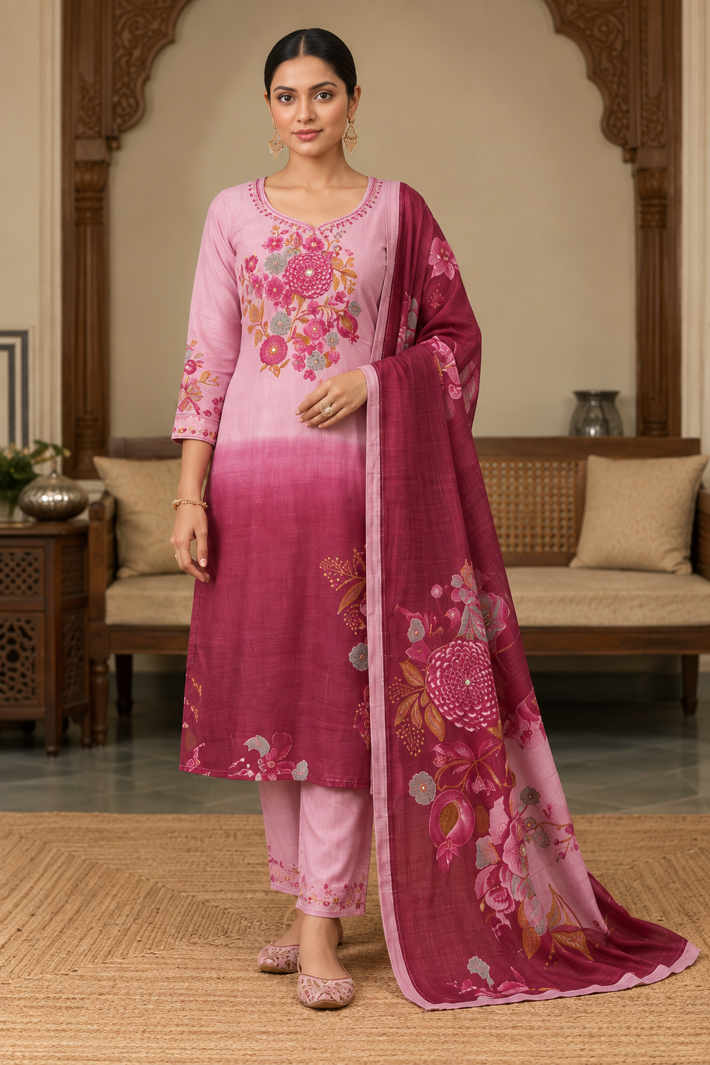 Pink Floral Printed Kurta Set with Matching Printed Dupatta