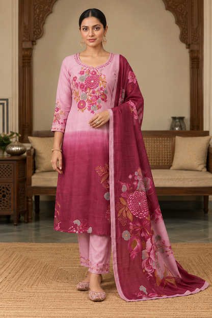 Pink Floral Printed Kurta Set with Matching Printed Dupatta