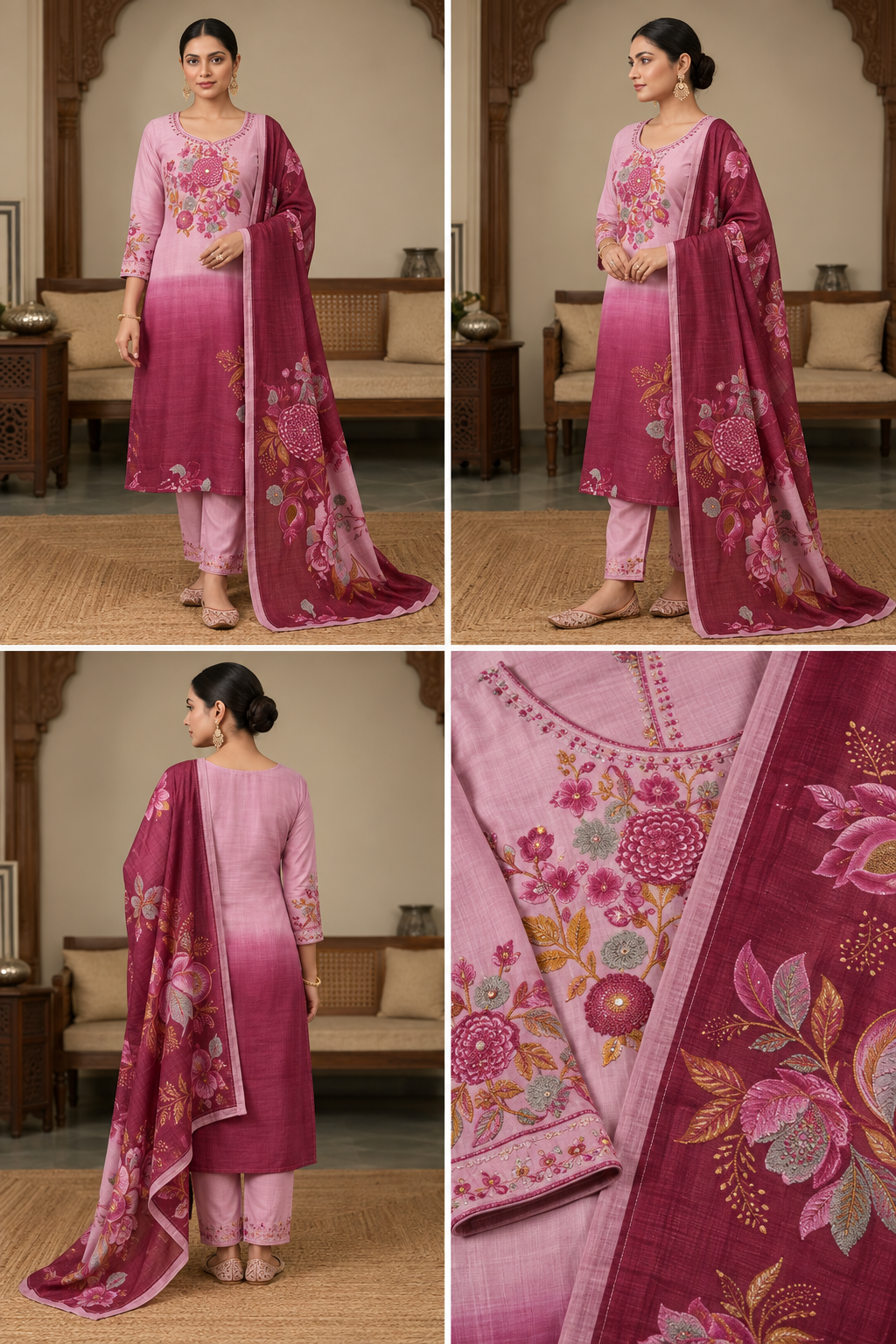 Pink Floral Printed Kurta Set with Matching Printed Dupatta