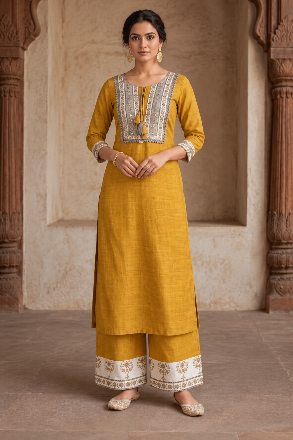 Mustard Yellow Embroidered Kurta Set with Printed Palazzo Pants