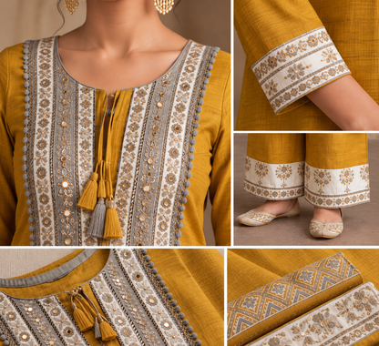 Mustard Yellow Embroidered Kurta Set with Printed Palazzo Pants