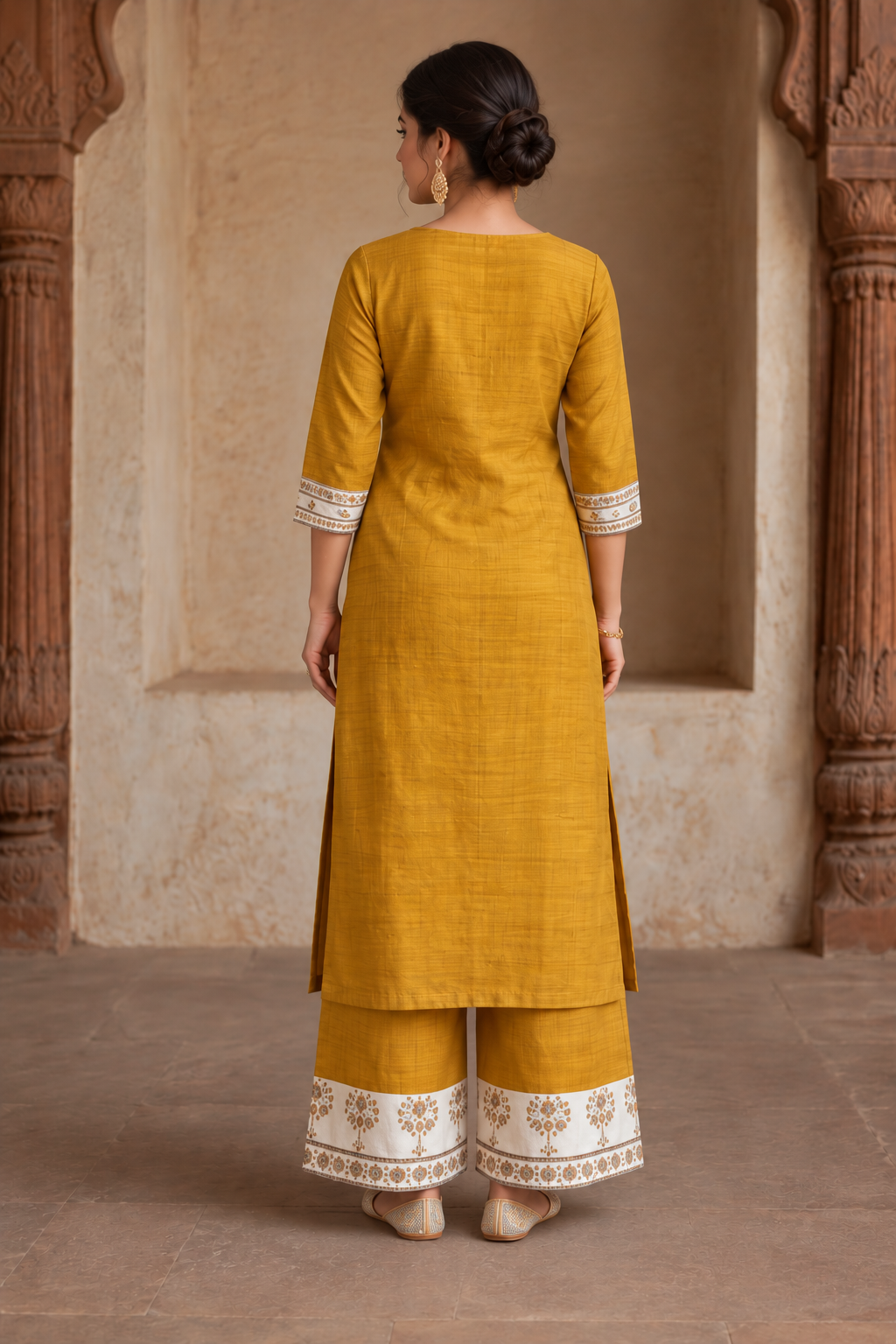 Mustard Yellow Embroidered Kurta Set with Printed Palazzo Pants