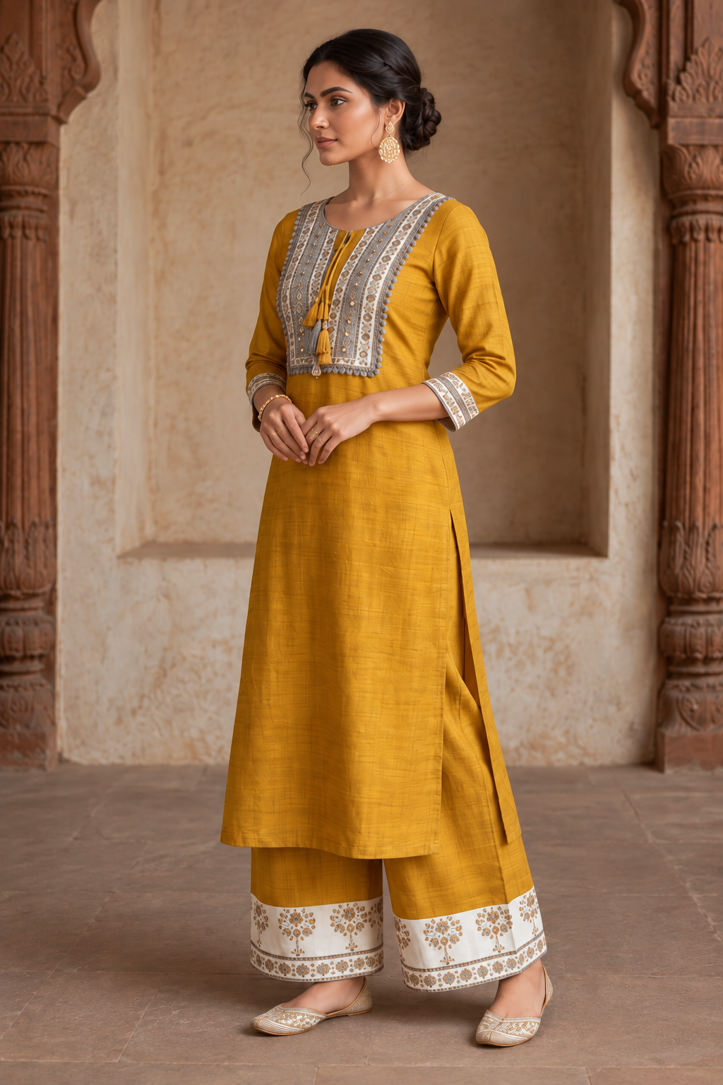 Mustard Yellow Embroidered Kurta Set with Printed Palazzo Pants