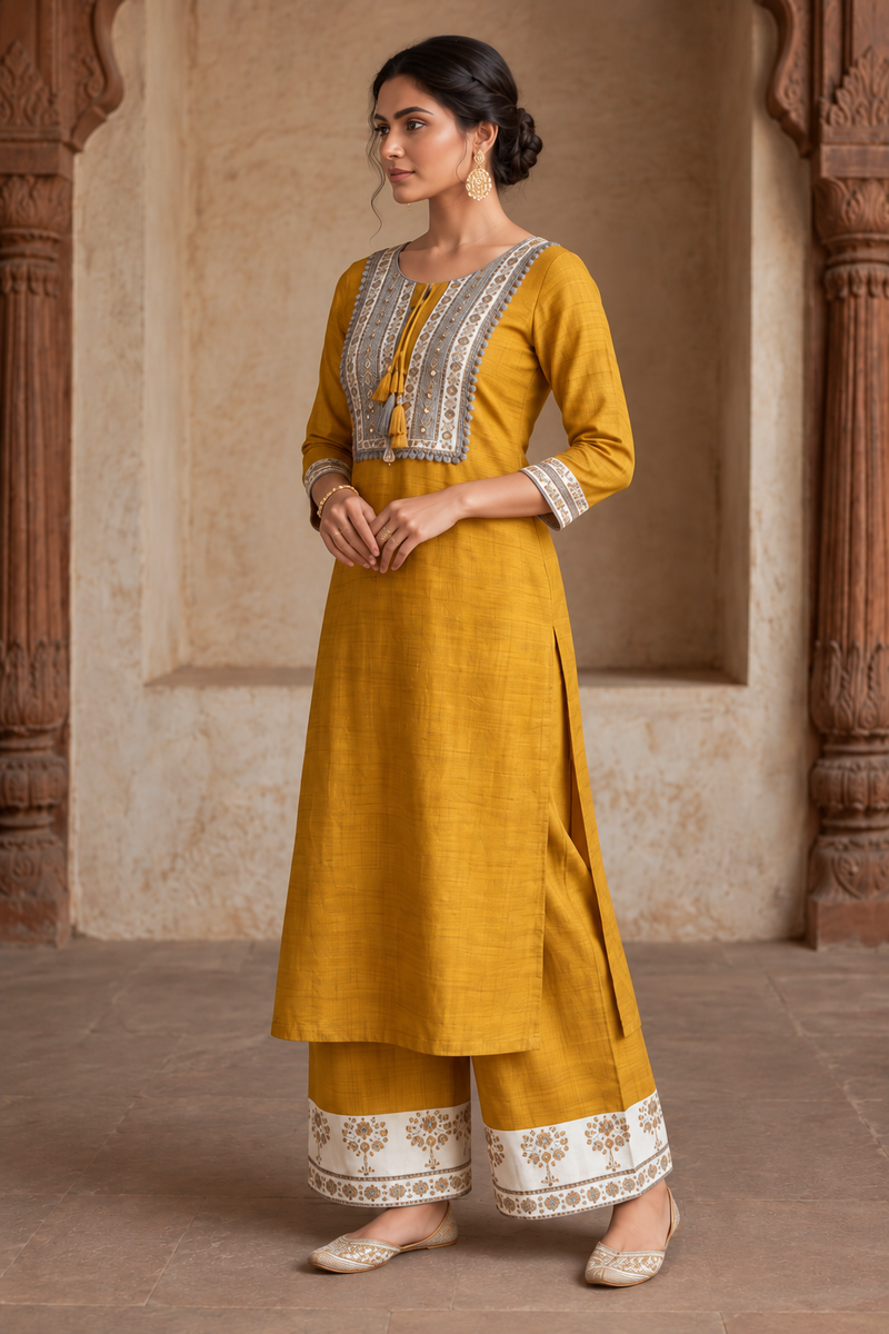 Mustard Yellow Embroidered Kurta Set with Printed Palazzo Pants