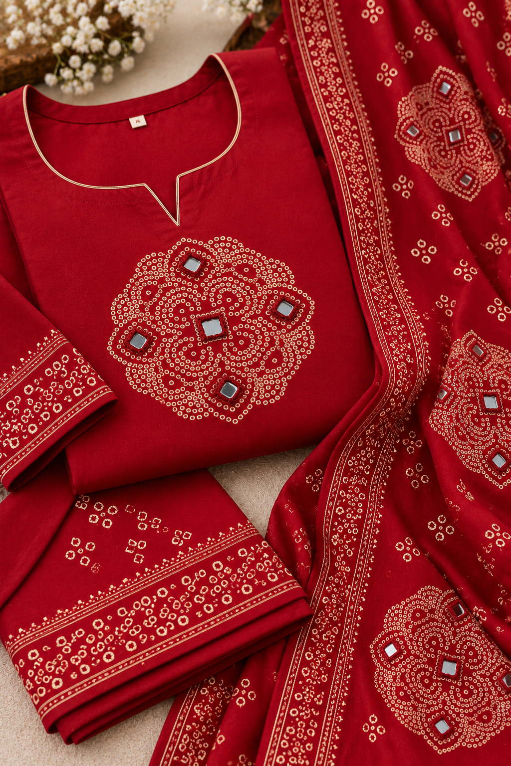 Red Printed Kurta Set with Matching Dupatta & Palazzo Pants