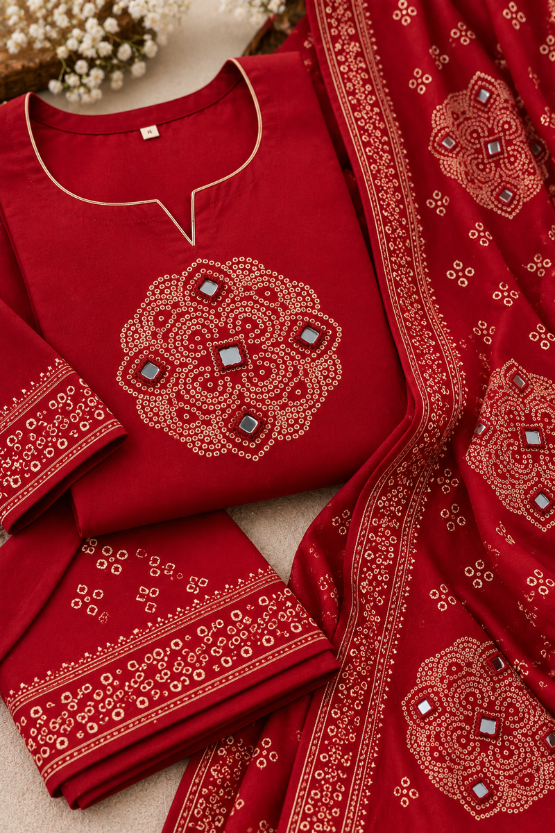 Red Printed Kurta Set with Matching Dupatta & Palazzo Pants