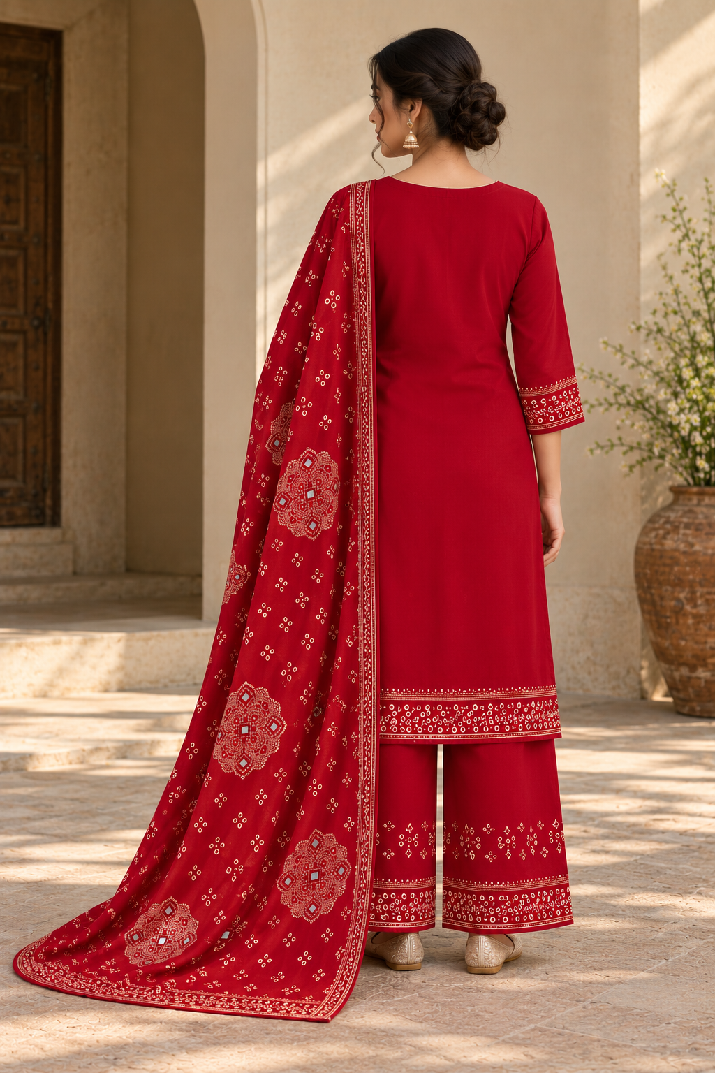 Red Printed Kurta Set with Matching Dupatta & Palazzo Pants