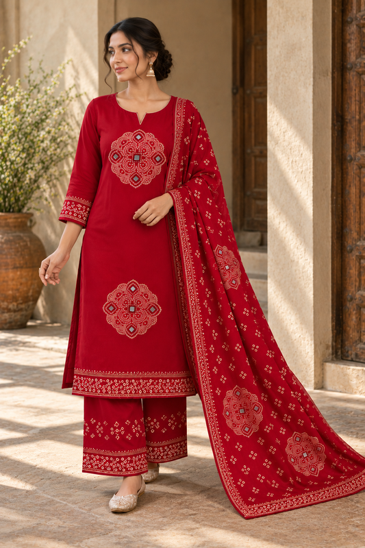 Red Printed Kurta Set with Matching Dupatta & Palazzo Pants