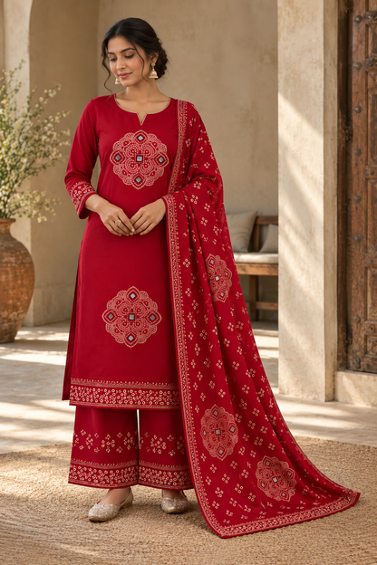 Red Printed Kurta Set with Matching Dupatta & Palazzo Pants