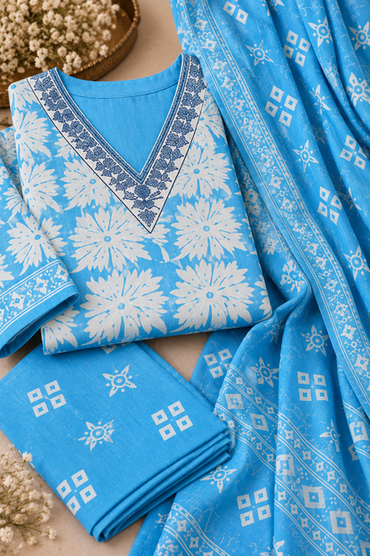 Sky Blue Floral Printed Kurta Set with Matching Dupatta & Palazzo Pants
