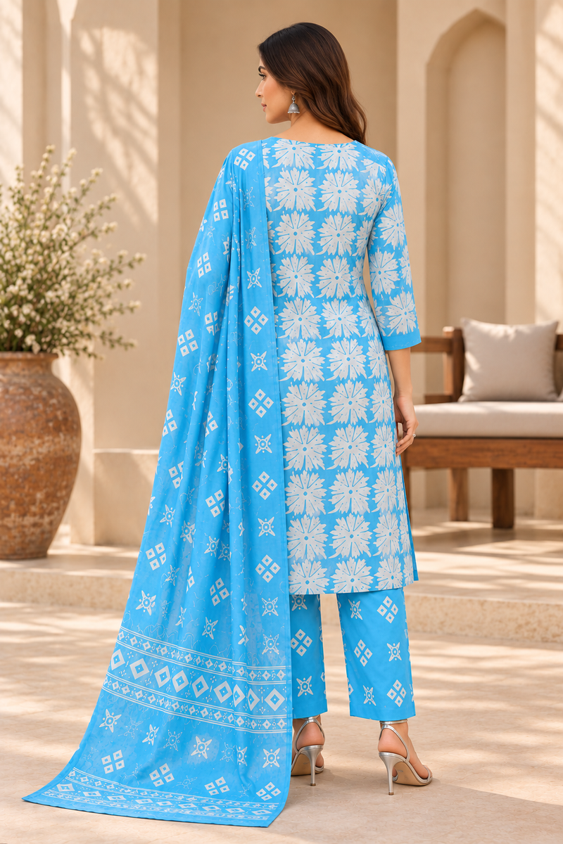 Sky Blue Floral Printed Kurta Set with Matching Dupatta & Palazzo Pants
