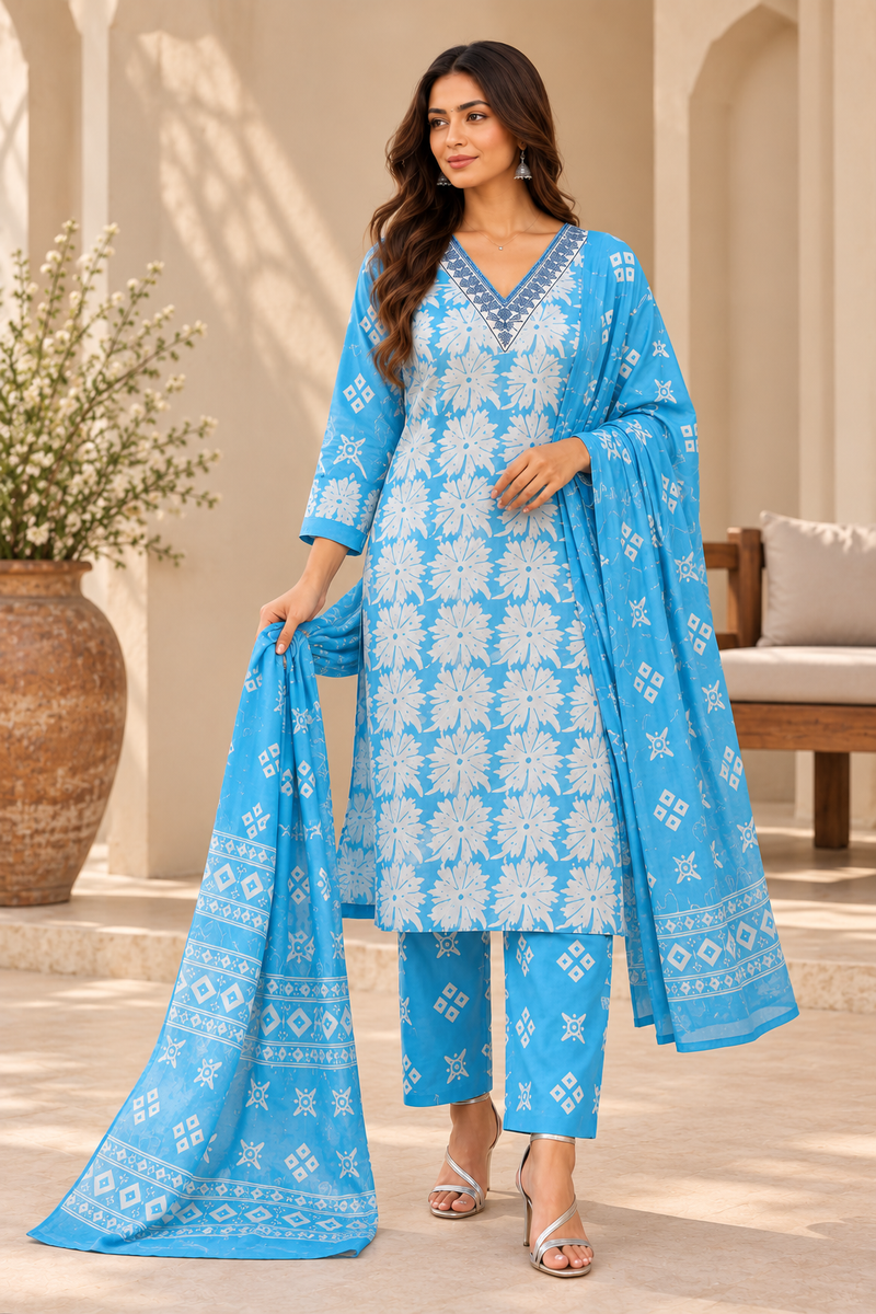 Sky Blue Floral Printed Kurta Set with Matching Dupatta & Palazzo Pants