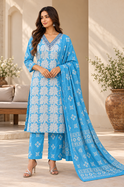 Sky Blue Floral Printed Kurta Set with Matching Dupatta & Palazzo Pants