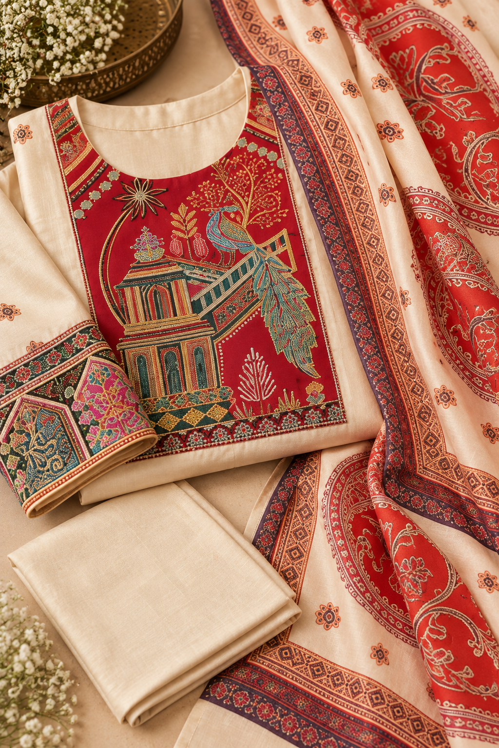 Ivory Printed Kurta Set with Red & Multicolour Embroidered Detailing