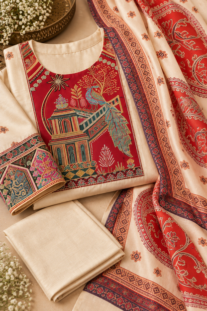 Ivory Printed Kurta Set with Red & Multicolour Embroidered Detailing