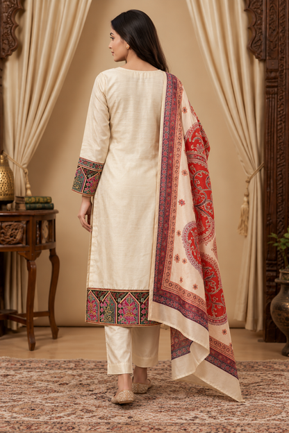 Ivory Printed Kurta Set with Red & Multicolour Embroidered Detailing