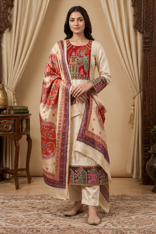 Ivory Printed Kurta Set with Red & Multicolour Embroidered Detailing