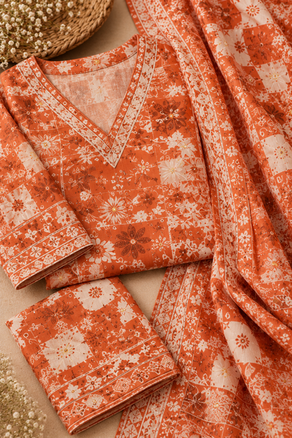 Orange Floral Printed Kurta Set with Matching Dupatta & Pants