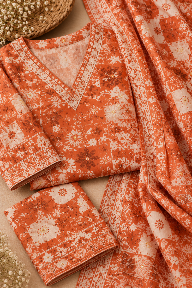 Orange Floral Printed Kurta Set with Matching Dupatta & Pants