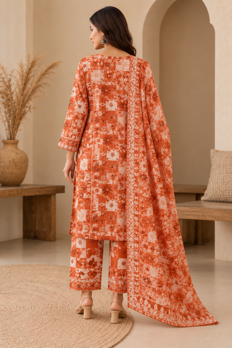 Orange Floral Printed Kurta Set with Matching Dupatta & Pants