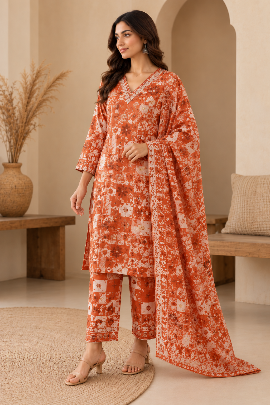 Orange Floral Printed Kurta Set with Matching Dupatta & Pants