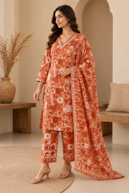Orange Floral Printed Kurta Set with Matching Dupatta & Pants