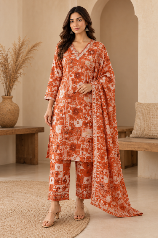 Orange Floral Printed Kurta Set with Matching Dupatta & Pants
