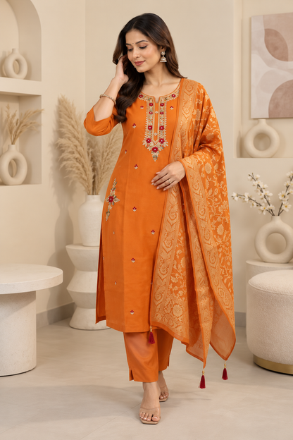 Orange Embroidered Kurta Set with Printed Dupatta & Pants