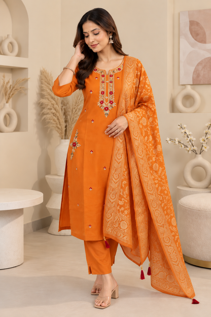 Orange Embroidered Kurta Set with Printed Dupatta & Pants