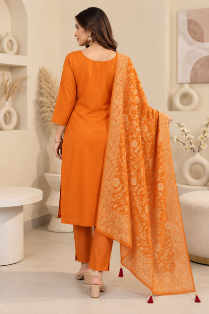 Orange Embroidered Kurta Set with Printed Dupatta & Pants